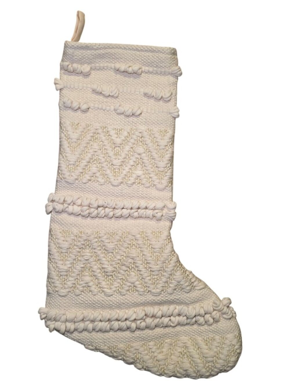 Christmas Stocking Off White Gold Thread Woven Cotton 21" Loops Chevron